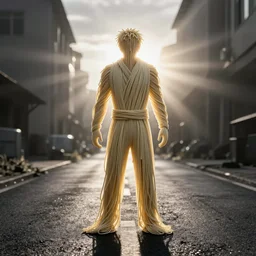 full length photograph of noodles and ropes, in the shape of a man, backlit, high contrast, centered, roadway