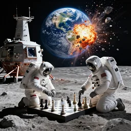 astronauts playing chess on the moon next to their lunar base. in the background earth explodes in sparkling pieces, high detail, stylized, movie poster