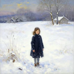 a seven year old girl in a snowy field. beautiful painting by artgerm and greg rutkowski and alphonse mucha