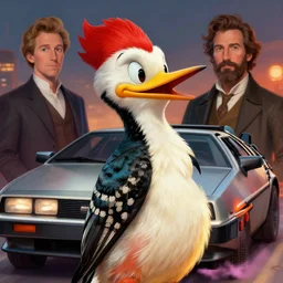 formal portrait of woody woodpecker. digital art by eugene de blaas, ross tran, and nasreddine dinet, vibrant color scheme, intricately detailed, in the style of romanticism, cinematic. delorean background. artstation, greg rutkowski