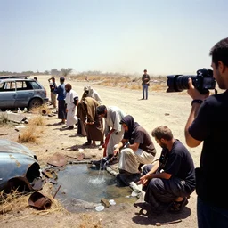a camera shot of rich white people in rags waiting for water, rusty objects scattered, wrecked vehicles pieces, sparse dried vegetation, heatwave, blinding sun, dust storm in the horizon, reporter, live footage, canon 3 5 mm lens, ektachrome color photo