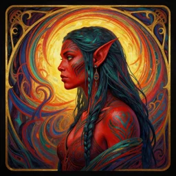 side profile centered painted portrait, female orc forest druid, red skin, tribal face tattoos, d & d, gloomhaven, matte painting concept art, art nouveau, beautifully backlit, swirly vibrant color lines, fantastically gaudy, aesthetic octane render, 8 k hd resolution, by ilya kuvshinov and cushart krentz and gilleard james