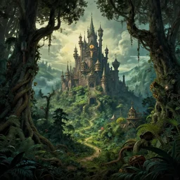 exquisite imaginative fantasy landscape lush forests, moody sky, gnarly trees, with steampunk castles movie poster by : : norman rockwell, sargent, james gurney weta studio, trending on artstation james jean frank frazetta