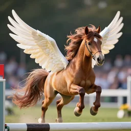 action shot from a distance of 2 0 m of a hybrid my little pony and ( appaloosa horse ), which has has unfurled wings, saturated colored mane. the horse is at a steeplechase event, professional, high quality, 4 k, dof, bokeh, action, dramatic lighting, photorealistic, detailed, hq, photorealism, digital art, 3 d