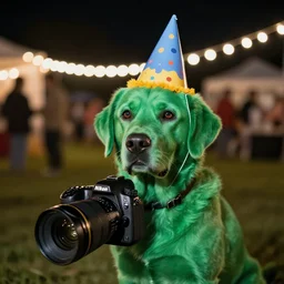 night time dslr photo of a green - fur!!!!, green labrador wearing a party hat in a country side party at night, bokeh depth of field, nikon lens