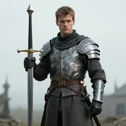 cinematic still of a medieval commander with a giant sword in his 2 0 s with medium brown hair leading the charge into battle by greg rutkowski, 4 k, masterpiece, sun rays