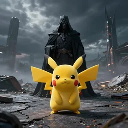 photography of Pikachu as a dark Lord of the Sith set in A post apocalyptic world. realistic detailed cinema camera detail cracked pavement wide angle.