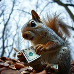 film still, gangster squirrel counting his money, low angle!!!!!!, shot from below, worms eye view, low angle!!!!