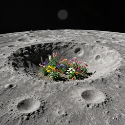 a landscape on the moon with many craters, barren moon landscape, in a big crater at the center there is a beautiful flowering garden, 8 k, bokeh, lowbrow in the style of martin johnson heade and daniel merriam and roger dean,