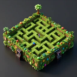 wimmelbilder maze made of 80's arcade jungle level, isometric, octane render, particle effects, unreal engine, very sharp, high contrast