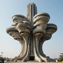 a sci - fi beautiful brutalist hypermodern monument, with many rounded elements sprouting from the base tower creating a feel of a tree - like structure, photography