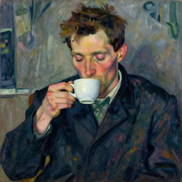 a * poetic * portrait of a sleepy man drinking a hot cup of coffee, early morning. by egon schiele