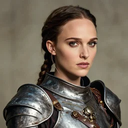 head and shoulders portrait of a female knight, young natalie portman, steampunk, armored, athletic, vogue fashion photo