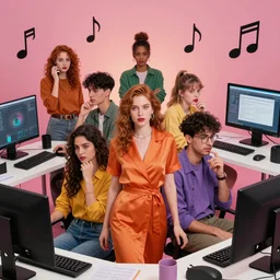 group of men and women aged in their 3 0's, surrounded by technology, keyboards, computers and music notes, groove, groovy, surrealist