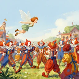 a fairy attacking an army of clowns , artwork by Sergey Kolesov, arstation,