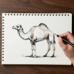 outline side on sketch of a whole camel on a sketch pad, professional artist, dslr