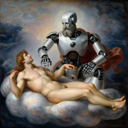 robotic god with beard on the cloud is touching a human, transferring new energy, creazione di adamo, classical painting
