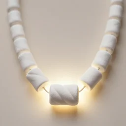 realistic photo of a a blurred fat marshmallow necklace, front view, empty soft glowing space, emitting electric tesla aura radiation 1 9 6 0, life magazine photo, natural colors, metropolitan museum, kodak, 8 k, very detailed, high resolution, product photo,