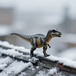 award winning photo by saul leiter of a tiny gray dinosaur standing on the roof, tiny gaussian blur, insanely detailed, insanely intricate, depth of field, low contrast, snowy, wide aperture