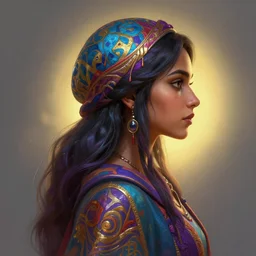 side - profile painted portrait, maya ali as a sorcerer, backlit, key lighting, smooth, fantastically gaudy colors, octane render, dota matte painting concept art, official fanart behance hd artstation by jesper ejsing, by rhads and makoto shinkai and lois van baarle and ilya kuvshinov and rossdraws, mucha