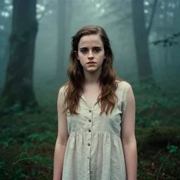 portrait of emma watson, russian cinema, kodachrome, dense forest, long brown hair, cloth, heavy fog, hudson river school, 4 k, dramatic lighting, hayao miyazaki, masashi ando, nizou yamamoto, kazuo oga, joe hisaishi, yoji takeshige, naoya tanaka
