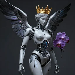 beautiful robot with a gold crown by alex grey + orchids dripping black iridescent liquid, winged victory, moody, dramatic, introspective, transcendent, vibrant color, clean linework, finely detailed, 4 k, trending on artstation, photorealistic, volumetric lighting, octane render