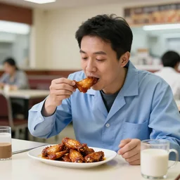 An engineer eating hot wings in a cafeteria, Realistic photograph