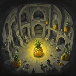 complex intricate orc POINT PERSPECTIVE DUNGEON pineapple ROOM filled with objects, painted by Moebius and Paul Wenzel and George Barr and Stephen Youll, straight dark outline, trending on artstation, iridescent cool blue and cyan and red and blue and yellow and green lighting front view futuresynth , outrun , vibrant colors, Sabattier filter , Watercolor