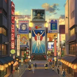 a stunning background of an Osaka shopping district by Studio Ghibli, masterpiece, hyper-detailed, golden hour