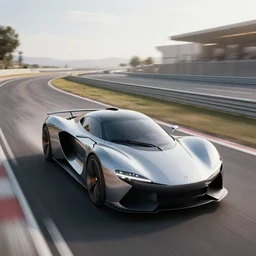 a car designed by zaha hadid, stopped on a track. from afar.