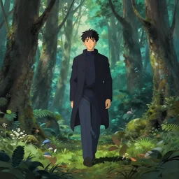 maximalist otherworldly forest walking male, trending on pixiv fanbox, painted by makoto shinkai takashi takeuchi studio ghibli, akihiko yoshida, yoshitaka amano, wangechi mutu, clean cel shaded vector art, illustration, hd, 8 k, wearing dark coat