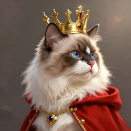 side profile of a ragdoll cat king wearing a crown and red cape, fantasy, digital painting, volumetric light, intricate, sharp, focus, bloom, illustration, highly detailed, concept art, matte, ruan jia, randy vargas, greg rutkowski