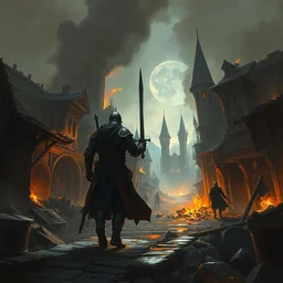 a painting of a cinematic keyframe of a medieval knight warrior with his sword walking into a destroyed medieval town, with fire by greg rutkowski, dark fantasy art, high detail, trending on artstation