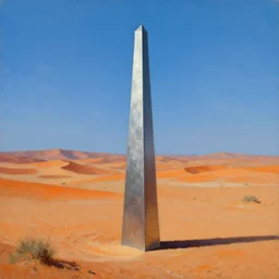 a hyper minimal steel obelisk in a desert valley in the style of caravaggio, oil painting, raytracing, 8 k, octane render, volumetric, vivid, beautiful, hyperrealism