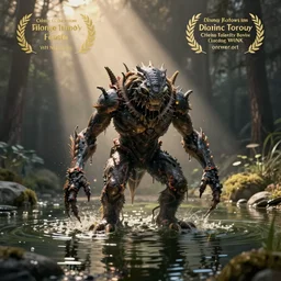a humanoid monster emerging from a pond