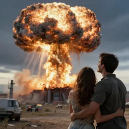 a young couple watching a nuclear explosion, romantic, uplifting, happy, apocalytic detailed digital matte painting