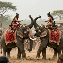 a ultra high resolution of the elephant duel of beautiful young warlords who fight on the back of their decorative war elephants in crowd of battlefield, emotional movement, high quality realistic, a colorized photo, colorized, # film, movie still