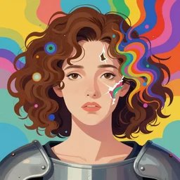 a colorful vibrant closeup portrait of a simple caucasian woman armored with curly mid length brown hair with a calm afraid aesthetic face broken reflections dreamy vibes and dreaming psychedelic hair, by kawase hasui, moebius, edward hopper and james gilleard, zdzislaw beksinski, steven outram colorful flat surreal design, hd, 8 k, artstation