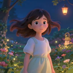 well - lit art nouveau portrait of a young innocent girl with hair blowing in the wind in a flower garden with lanterns and fireflies at night, pixar style, ghibli studio, anime style, 8 k hdr, octane render, unreal engine 5, trending on deviantart, natural lighting, path traced, highly detailed, high quality, godrays, complementary colors, beautiful landscape, cartoon, high coherence, soft lighting, soft colors, digital art, digital painting, matte
