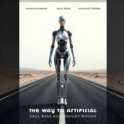 the way to artificial inteligenece, by saul bass and ashley woods, minimalist movie poster, roads by haza hadid, female cyborg, digital art