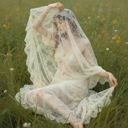 a girl in an artistic pose covered in lace silk intricate translucent elegant loosen cloths surrounded by beautiful meadows, highly detailed digital by artgerm, wlop, by alphonse mucha painting _ - h _ 1 0 2 4