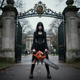 goth girl holding a chainsaw standing in front of university gate, urban fantasy book cover, matte painting, trending on ArtStation