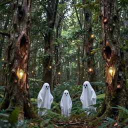 ghost's of the forest with wood spirits in the trees with will o the wisp, photorealistic, wlop, 4 k resolution h 7 6 8