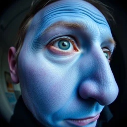 fish eye lens close up photograph of a man with blue skin and a goatee side eyeing the camera with a sympathetic look