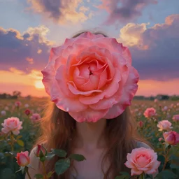 large rose for face, girl frontal in a flower field, surreal photography, sunrise dramatic light, impressionist painting, colorful clouds, digital painting, artstation, simon stalenhag
