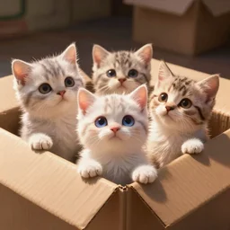 cute fuzzy kittens in a cardboard box starting up at you with huge eyes, adorable, pixar