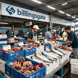 billingsgate fish market selling boxes of coral reef 4k wide angle