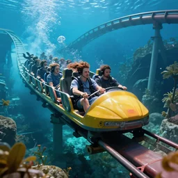 underwater roller coaster, photorealistic, detailed