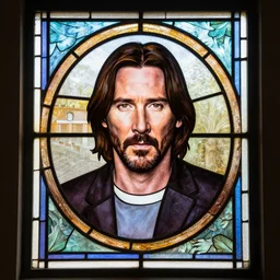 stained glass window with a keanu reeves design
