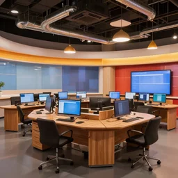 photorealistic network television newsroom studio designed by khmaladze architects, desks with computer monitors, warm wood appointments, ductwork with hanging lamps, tastefully colorful curved surfaces